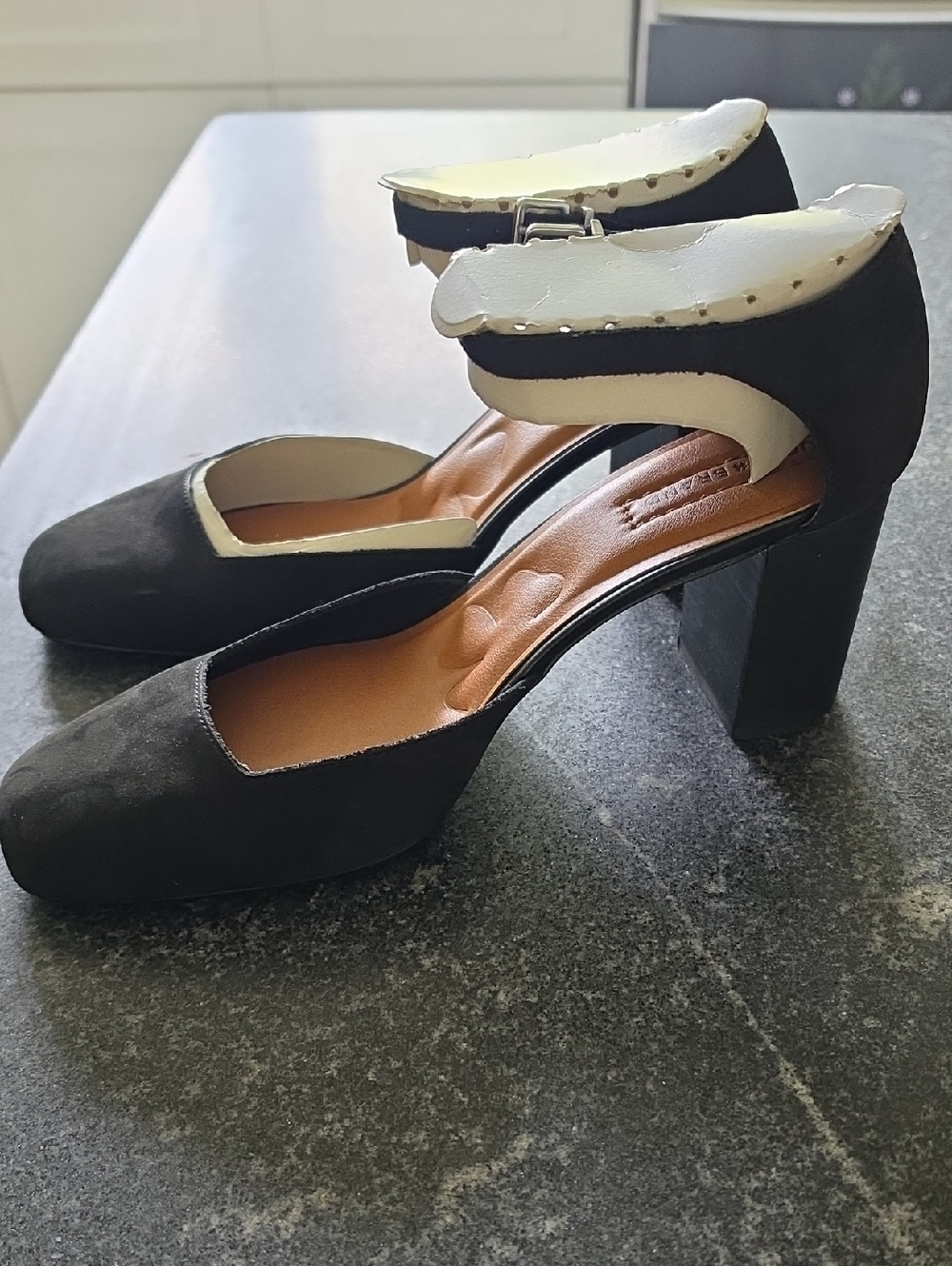 Lucky Brand Black and Cream Ankle-Strap Block Heel Women's Pumps